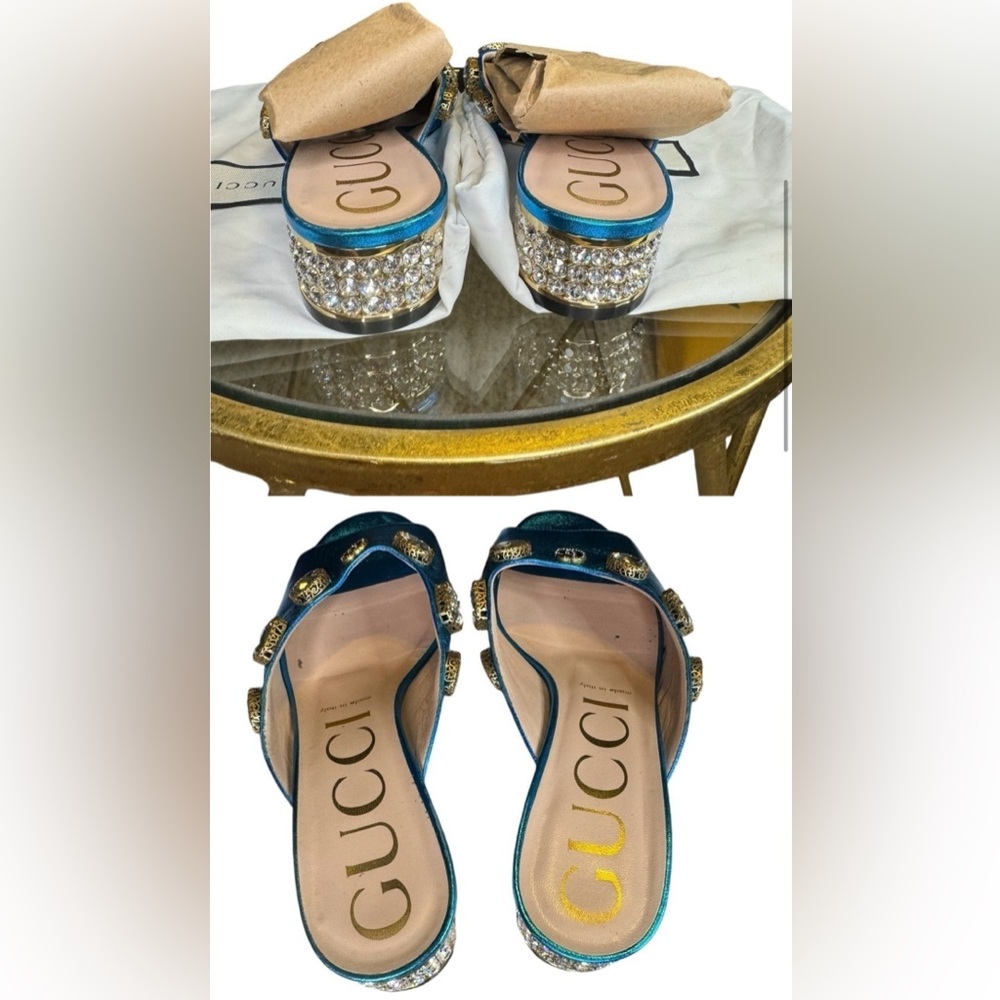 Gucci Metallic Blue Embellished Mules - Picture 3 of 11